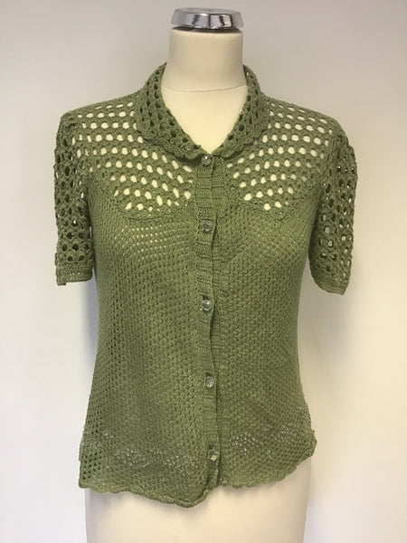 WHISTLES GREEN CROCHET KNIT SHORT SLEEVE CARDIGAN SIZE 2 UK 10/12