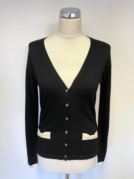 LK BENNETT BLACK SILK, COTTON & CASHMERE BLACK & IVORY TRIM FINE KNIT CARDIGAN SIZE M