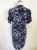 WHISTLES NAVY BLUE PATTERNED V NECK ZIP FRONT SHORT SLEEVE SHIFT DRESS SIZE 8