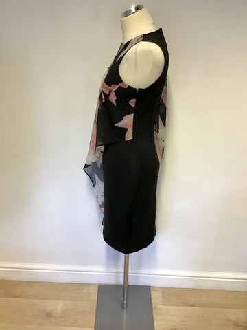 COAST BLACK STRETCH PENCIL DRESS WITH FLORAL PRINT ASYMMETRIC OVERLAY SIZE 12