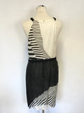 RENE DERHY BLACK & IVORY STRIPE DESIGN LINEN & SILK TRIM SLEEVELESS DRESS SIZE L UK 14