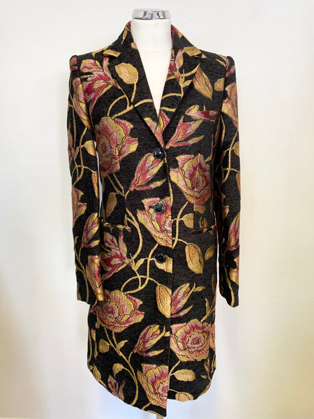 BRAND NEW MARKS & SPENCER BLACK WITH GOLD & RED FLORAL PRINT JACQUARD EMBROIDERED COAT SIZE 8