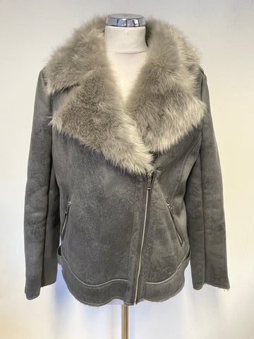 MINT VELVET SLATE GREY FAUX FUR TRIM AVIATOR JACKET SIZE 12