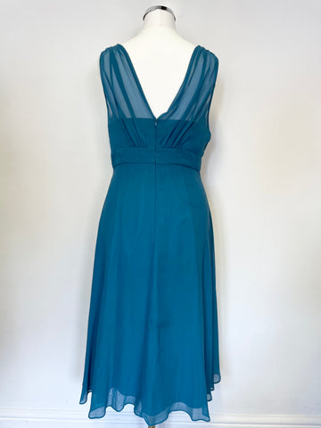 LK BENNETT TURQUOISE SILK JEWEL TRIM SLEEVELESS FIT & FLARE SPECIAL OCCASION DRESS SIZE 10