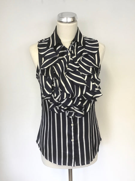 RALPH LAUREN NAVY BLUE & WHITE STRIPE FRILL TRIM SLEEVELESS BLOUSE SIZE 6 UK 10