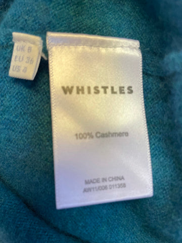 WHISTLES TURQUOISE 100% CASHMERE POCKET FRONT LONG JUMPER SIZE 8