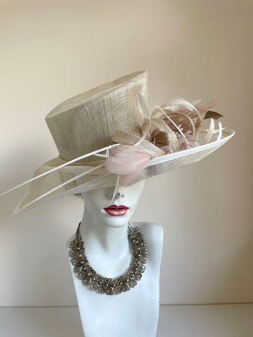 GWYTHER SNOXELLS NATURAL CREAM FEATHER BEAD & COIL TRIM FORMAL HAT