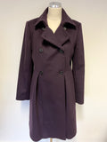 LK BENNETT DANISI AUBERGINE WOOL & CASHMERE BLEND KNEE LENGTH COAT SIZE 14