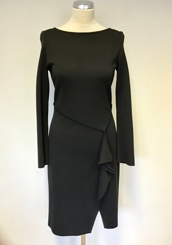 DESIGNER ST JOHN BLACK WOOL BLEND LONG SLEEVE FRILL TRIM PENCIL DRESS  UK 8/10