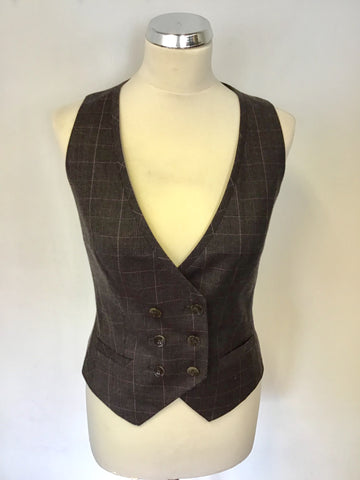 TED BAKER DARK BROWN CHECK WOOL BLEND WAISTCOAT & TROUSERS SIZE 1 UK 10