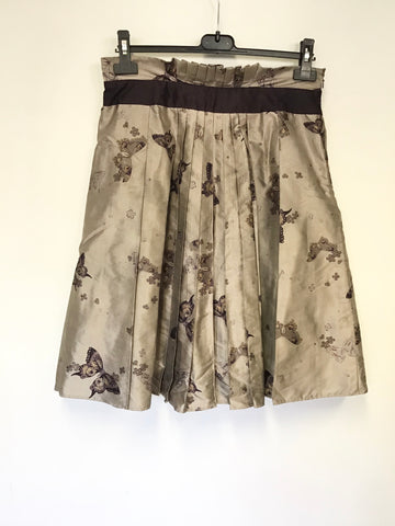 KAREN MILLEN BROWN & MINK SILK BUTTERFLY PRINT BOW TRIM SKIRT SIZE 14