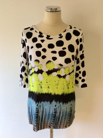 MARCCAIN SPORTS BLACK,WHITE,LIME GREEN & BLUE PRINT SHORT SLEEVE TOP SIZE N5 UK 16