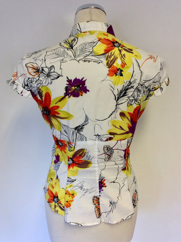 KAREN MILLEN WHITE & FLORAL PRINT CAP SLEEVE SHIRT SIZE 12