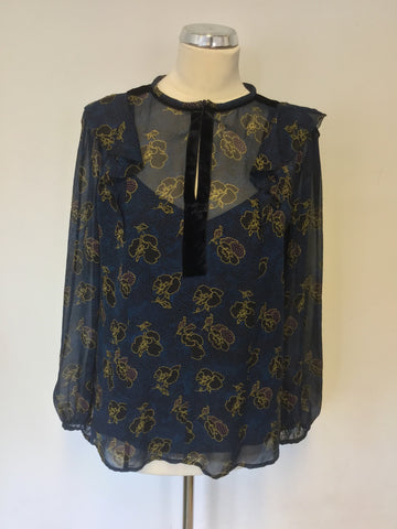 LK BENNETT LETICIA BLUE FLORAL PRINT SILK TOP SIZE 12