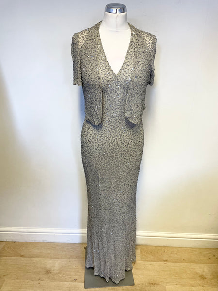 HOBBS SILVER GREY BEADED & SEQUINNED LONG HALTERNECK DRESS & MATCHING BOLERO SIZE 12