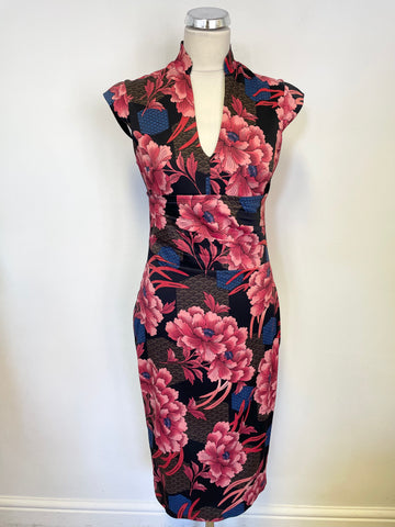 KAREN MILLEN BLACK WITH RED & PINK FLORAL PRINT CAP SLEEVE PENCIL DRESS SIZE 12