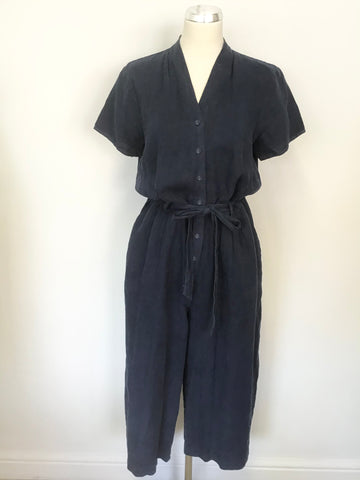 SEASALT INDIGO BLUE LINEN TREEN COVE SHORT SLEEVE TIE BELT CROP LEG JUMPSUIT SIZE 12