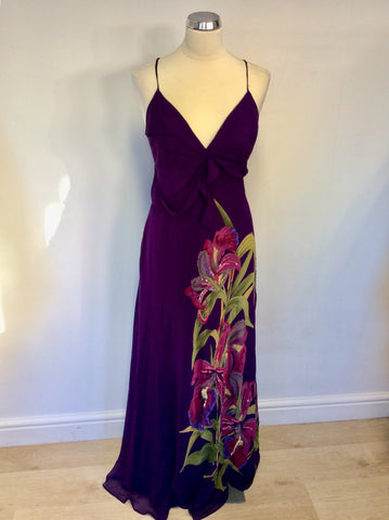 KAREN MILLEN PURPLE SILK FLORAL PRINT DETAIL MAXI DRESS SIZE 14