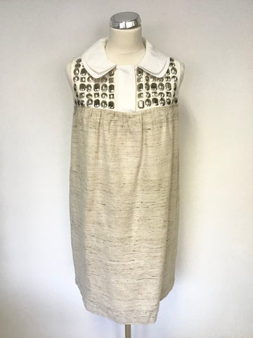 TARA JARMON CREAM & BEIGE SILK BLEND BEADED TRIM SLEEVELESS SHIFT DRESS SIZE 42 UK 14