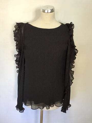 KAREN MILLEN BLACK PLEATED COLD SHOULDER FRILL TRIM LACE UP BACK BLOUSE SIZE 12