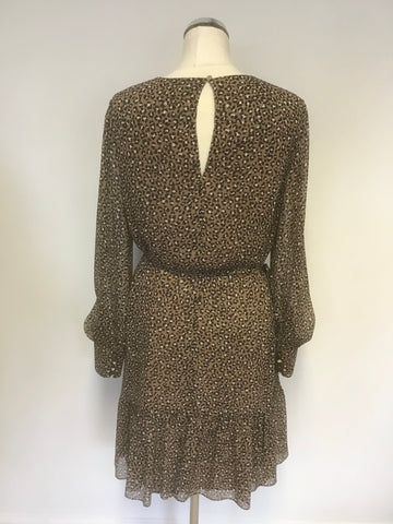 LK BENNETT DAKOTA BROWN ANIMAL PRINT LONG SLEEVE CHIFFON DRESS SIZE 14