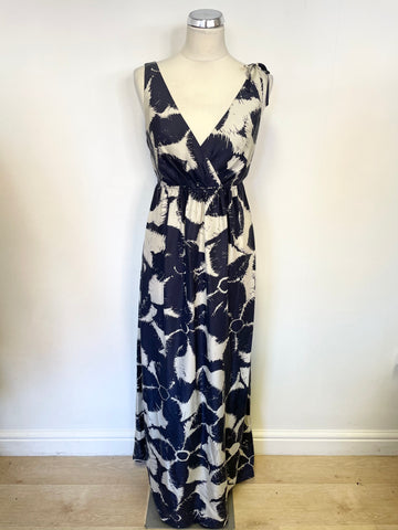 LK BENNETT NAVY BLUE & IVORY FLORAL PRINT 100% SILK SLEEVELESS MAXI DRESS SIZE 12