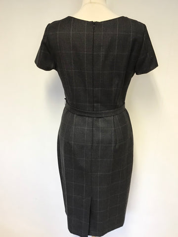 LK BENNETT GREY CHECK WOOL BELTED PENCIL DRESS SIZE 12