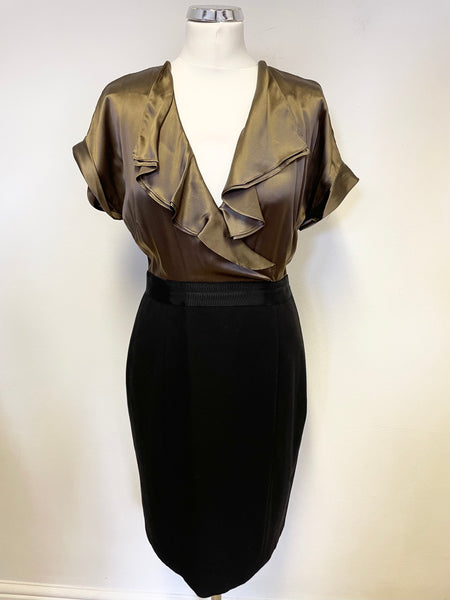 COAST BROWN & BLACK FRILLED SILK BODICE PENCIL DRESS SIZE 12