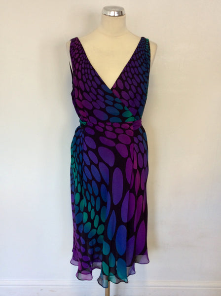 HOBBS PURPLES,PINK & GREENS SPOTTED SILK DRESS SIZE 16