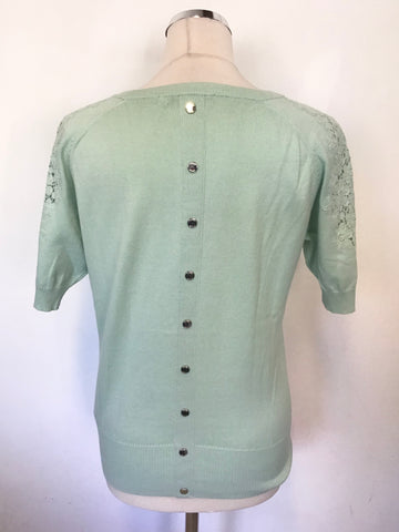 KAREN MILLEN MINT GREEN LACE TRIM SHORT SLEEVE JUMPER SIZE 4 UK 14