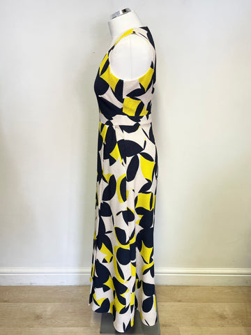 LK BENNETT LINA BLUE & YELLOW PATTERNED SLEEVELESS MAXI DRESS SIZE 10