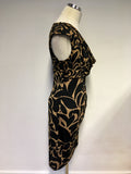 PHASE EIGHT BLACK & CAMEL PRINT COWL NECKLINE PENCIL DRESS SIZE 12