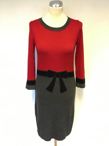 HOBBS RED,BLACK & GREY LONG SLEEVE SILK & CASHMERE BLEND KNIT DRESS SIZE 10