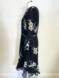 HOBBS NAVY BLUE FLORAL PRINT 3/4 SLEEVE FRILL TRIM SPECIAL OCCASION DRESS SIZE 12