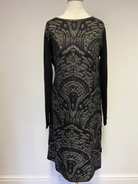 PASSPORT BLACK & CREAM PATTERN LONG SLEEVE KNIT DRESS SIZE 40 UK 12