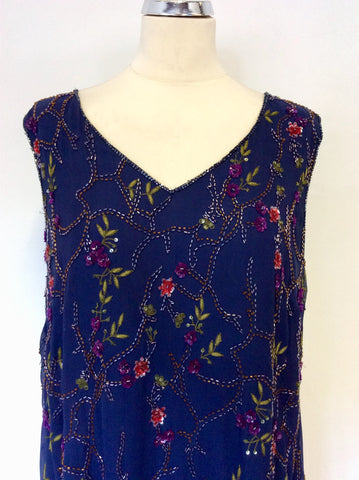 MARINA RINALDI DARK BLUE SILK BEADED & SEQUINNED SHIFT DRESS SIZE 19 UK 14/16