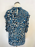 BRAND NEW KAREN MILLEN TURQUOISE,BLACK & WHITE PRINT FRILL TRIM SLEEVE TOP SIZE 12