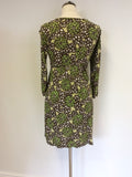 BODEN GREEN,BROWN & WHITE FLOWER PRINT SILK & COTTON 3/4 SLEEVE DRESS SIZE 10