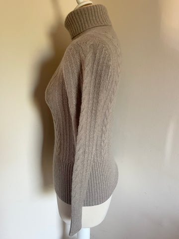 PURE COLLECTION OATMEAL BEIGE 100% CASHMERE CABLE KNIT POLO NECK JUMPER SIZE 8