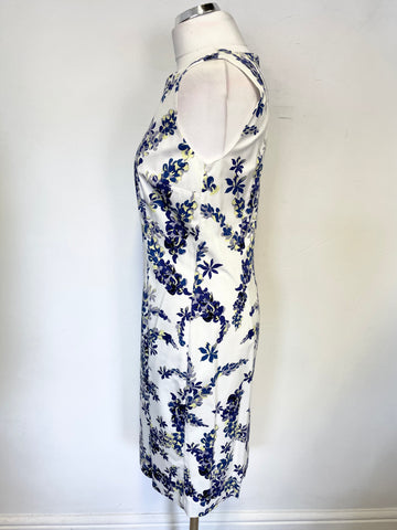 HOBBS INVITATION WHITE & BLUE FLORAL PRINT SLEEVELESS PENCIL DRESS SIZE 12