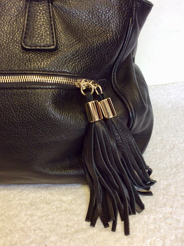 HOBBS BLACK LARGE LEATHER TASSEL TRIM SHOULDER BAG