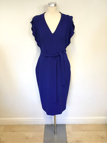 KAREN MILLEN COBALT BLUE V NECKLINE TIE BELT PENCIL DRESS SIZE 14