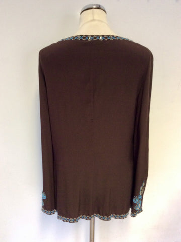 KAREN MILLEN DARK BROWN SILK BEADED & EMBROIDERED TUNIC TOP SIZE 14