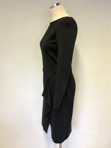 DESIGNER ST JOHN BLACK WOOL BLEND LONG SLEEVE FRILL TRIM PENCIL DRESS  UK 8/10