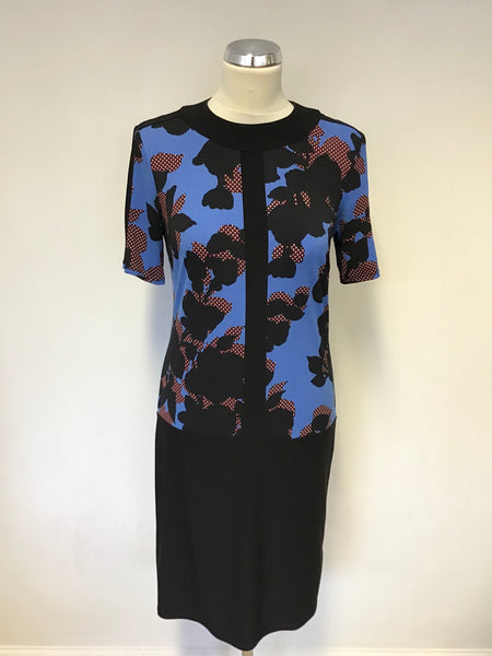 MARKS & SPENCER BLACK,BLUE & RED PRINT SHORT SLEEVE STRETCH DRESS SIZE 10