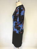 MARKS & SPENCER BLACK,BLUE & RED PRINT SHORT SLEEVE STRETCH DRESS SIZE 10