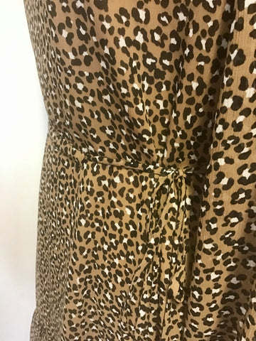 LK BENNETT DAKOTA BROWN ANIMAL PRINT LONG SLEEVE CHIFFON DRESS SIZE 14