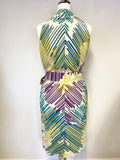 JAEGER MULTI COLOURED PRINT SLEEVELESS SASH BELTED SHIFT DRESS SIZE 16