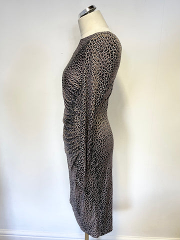 LK BENNETT BROWN & BLACK PRINT SILK DRAPED LONG SLEEVE PENCIL DRESS SIZE 12