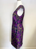 LK BENNETT BROWN, NAVY & PURPLE PRINT SLEEVELESS WOOL & SILK PENCIL DRESS SIZE 14